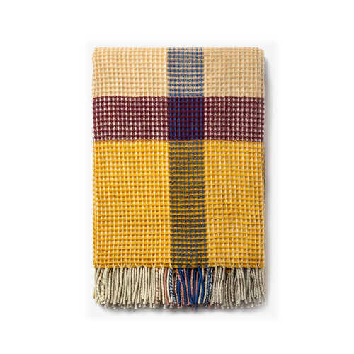 Waffle Woollen Blanket Yellow and Bordeaux